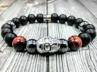 8"L STAINLESS STEEL SKULL 10mm Tigers Eye+Onyx+Hematite Gemstone Beaded Bracelet - Image 1 of 4