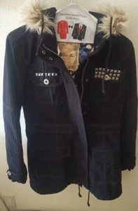 GUESS Los Angeles schwarze Steppjacke Nieten Erbsenmantel abnehmbare Fellkapuze Stretch - Bild 1 von 12