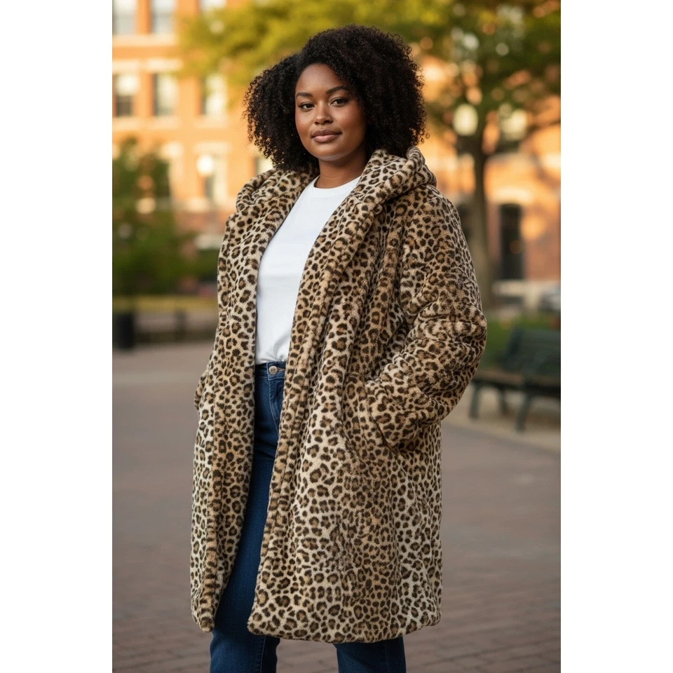 Dennis Basso Leopard Print Faux Fur Coat Women’s 2X Hooded Long Plush Jacket - Image 1 of 4