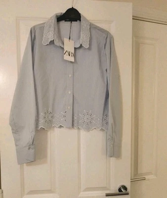Zara Very Pretty  Fresh Crisp Blue And White Embroidery Short Blouse.RRP £29.99 - Image 1 of 4
