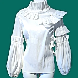 AYHAN of TURKIYE pearly shimmer structured ruffle blouse avant garde top S 3C - Picture 1 of 12