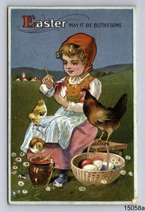 1913 Farm Girl Blithesome Easter Eggs Chickens Chicks Rockford IL Postcard - Picture 1 of 4