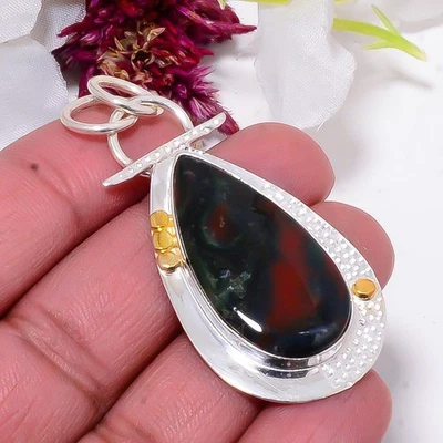 Piedra de sangre / Heliotropo - África 925 plata de ley colgante de dos tonos 2,18" Sk33 Foto 1 de 4