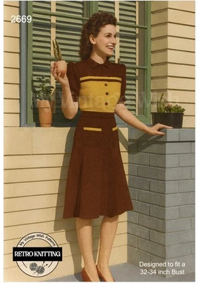 1940's Two Tone Dress with Long or Short Sleeves Vintage Knitting Pattern  - Image 1 of 2