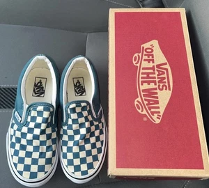 Used w/ box - Vans Classic Slip On Checkerboard Teal & White Kids Size 1.5 FS - Picture 1 of 7