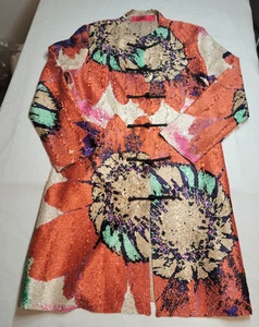 Tunica lunga donna broccato di loto ispirazione asiatica colore vibrante floreale seta rugosa - Foto 1 di 8