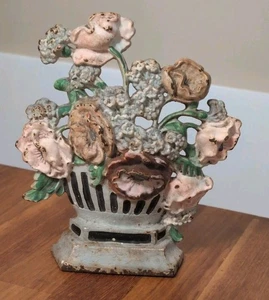 Antike Hubley #265 Gusseisen Türstopper Blumenkorb Vase Floral Polychrom - Bild 1 von 5