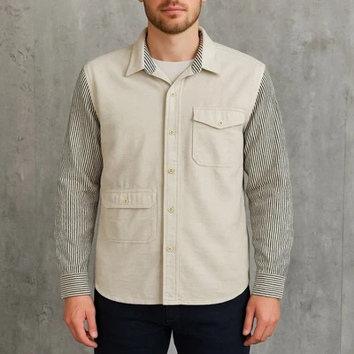 Scotch & Soda L Beige Ropa de Trabajo Camisa Chaqueta Mangas a Rayas Mezcla de Algodón Bolsillos Foto 1 de 4