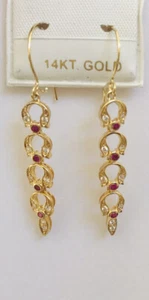 14k Solid Yellow Gold Dangle Hoop Back Earring With Natural Round Ruby&CZ 2.70GM - Picture 1 of 9