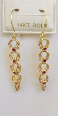 14k Solid Yellow Gold Dangle Hoop Back Earring With Natural Round Ruby&CZ 2.70GM - Image 1 of 4