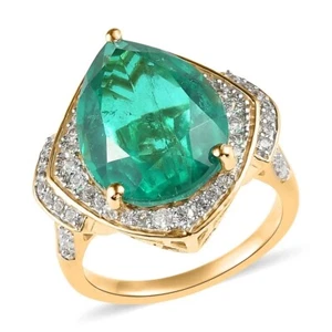 Anello Quarzo Smeraldo (Tripletta) e Zirconi Bianchi in Oro Giallo Vermeil Over S.S - Foto 1 di 5