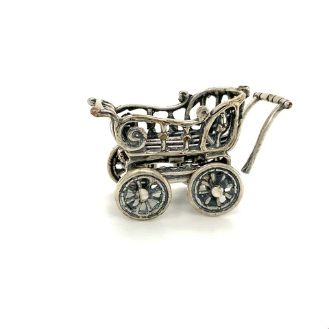 Vintage Sign 925 Sterling Baby Carriage Stroller Movable Wheels Figure Miniature Cover