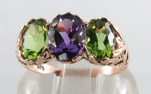 LARGE 9CT 9K ROSE GOLD AMETHYST PERIDOT ART DECO INS Three Stone RING FREE SIZE - Picture 1 of 5