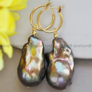 18-25mm Natural Peacock Black Baroque Edison Keshi Pearl Dangle Hoop Earrings - Picture 1 of 9