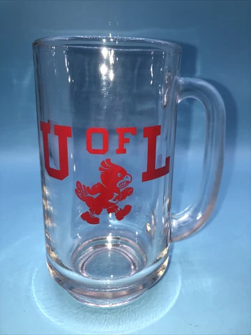 Vintage University Of LOUISVILLE CARDINALS Heavy Clear Glass Mug Old Logo Red Cover