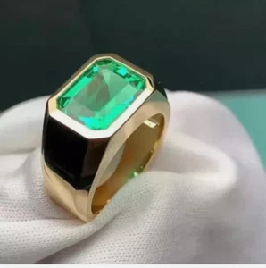 4.25Ct Green Lab Created Emerald Men's Engagement Anniversary 14K Gold FN Ring - Picture 1 of 3