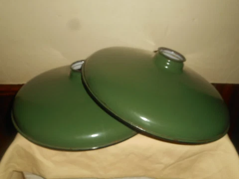 Antique Porcelain Enamel Industrial Ceiling Light Shades (2) Green 12" x 3 1/4" Cover
