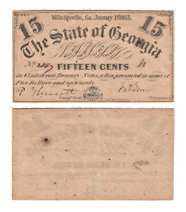 1863 15 Cent The State Of Georgia Milledgeville Cr-17 Unc Stock Photo - Picture 1 of 1