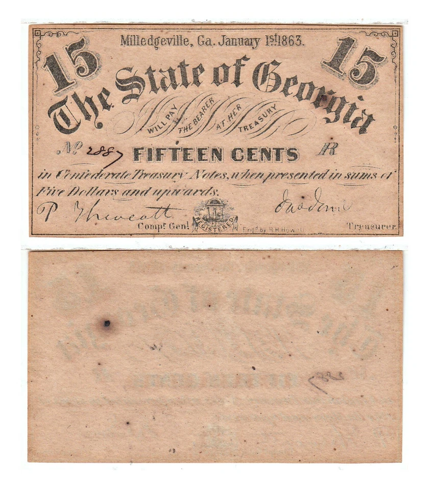 1863 15 Cent The State Of Georgia Milledgeville Cr-17 Unc Stock Photo - Image 1 of 1