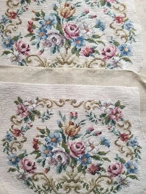 Pr 2 Needlepoint Chair Seat Covers Canvas Pieces  Floral Matching Pillow 12x16"  - Image 1 of 4