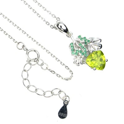 925 Sterling Silver Trilliant Peridot Simulated Cz Necklace 17ins - Image 1 of 4
