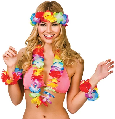 Hawaiian Flower Garland Head Wrist Set Tropical Beach Party 4pc Fancy Dress - Image 1 of 2