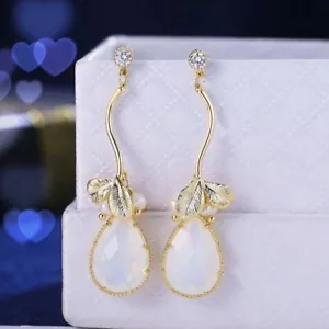 18K Yellow Gold Filled Simulated Opal&Pearl Water Drop Branch Cluster Earrings - Picture 1 of 4