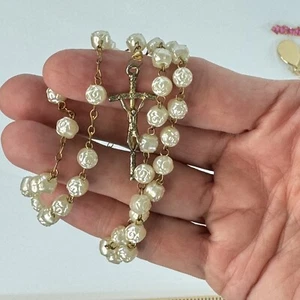 Collar Rosario Vintage Imitación Perla Tono Dorado 17" Largo - Imagen 1 de 11