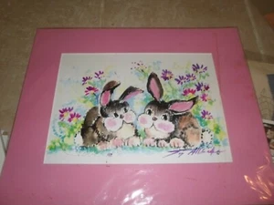 Special Love Watercolor Of Bunnies In Flowers 10x14" Matted 20x16. new signed - Picture 1 of 4