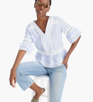 Blusa J Crew Reino Unido Damas Azul Plisado Volantes Encaje Mangas 3/4 L Foto 1 de 4