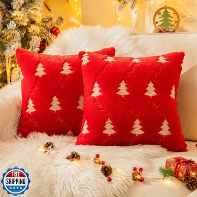 AQOTHES Christmas Tree Embroidered Red Throw Pillows Cover 18x18 Inch, Set of - Image 1 of 4