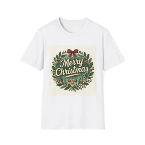 Merry Christmas Wreath T-Shirt | Vintage Holiday Typography - Picture 1 of 33