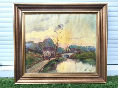 Ancienne huile sur toile paysage rural au bord de l’eau 59x68 - Photo 1/4