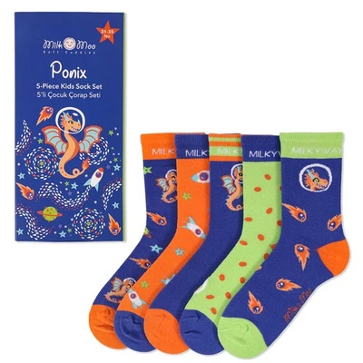 Milk&Moo Ponix 5-Pack Kids Socks, Size 31-35, Fun and Soft Design, Colorful Dail - Изображение 1 из 4
