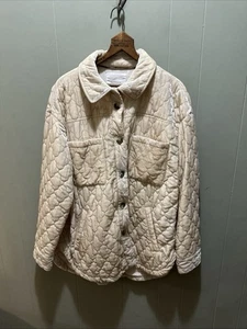 Anthropologie Jacket Womens MD Cream Crushed Velvet Quilted Shacket Shirt Button - Picture 1 of 8