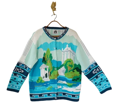 Cardigã robusto bordado partenon grego tricô livro de histórias vintage 2X novidade retrô - Imagem 1 de 4