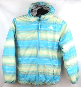 The North Face Reversible Winter Jacket Girls L 14/16 Blue Striped Gray Hood - Picture 1 of 14