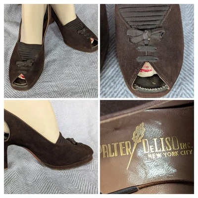 Vtg 40s Palter DeLiso Brown Suede Leather Ribbon Detail Sling Back Heels 7 AAA - Image 1 of 4