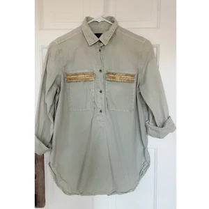 J Crew Chevron Popover Knopfleiste Bluse Perlen Gold Grün Größe 4 Gopcore Style - Bild 1 von 7