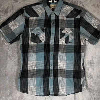 Coastal Huntington Beach Men’s L Western Plaid Snap Short Sleeve Teal & Black - Image 1 of 4
