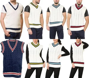 Unisex Sleeveless Think Knitted Cricket Jumper Mens Ladies V Neck Sweater Top - Picture 1 of 21