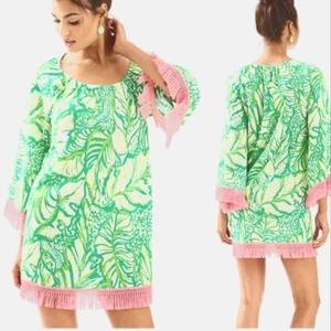 NWT LILLY PULITZER Getaway Coverup Toucan Green Coco Loca Sz S Pink Fringe - Picture 1 of 12