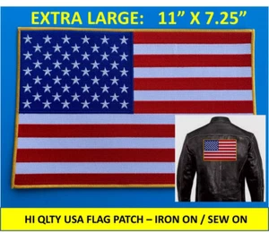 X-LARGE 11 INCH USA AMERICAN FLAG EMBROIDERED PATCH SEW-ON IRON-ON GOLD BORDER - Picture 1 of 10