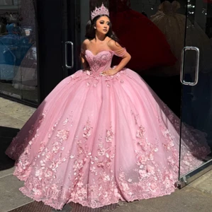 Pink 3D Florals Quinceanera Dresses Off the Shoulder Corset Lace Up Sweet 15 16 - Picture 1 of 8
