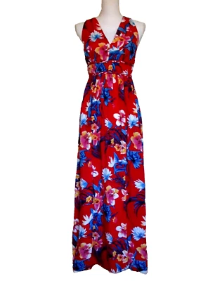 Handmade Long Hawaiian Dress Long Maxi Cinched Back Empire Red & Multi Floral XS - Image 1 of 4
