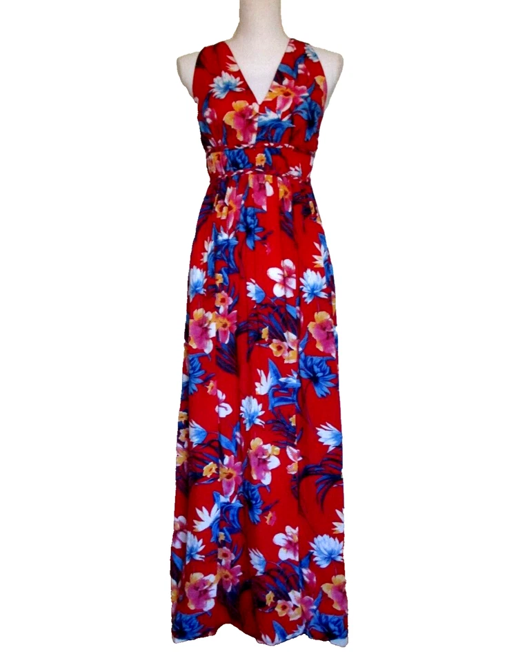Handmade Long Hawaiian Dress Long Maxi Cinched Back Empire Red & Multi Floral XS - Image 1 of 4