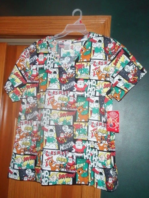Women's Christmas Rudolph The Red Nosed Reindeer Scrub Top Size Medium