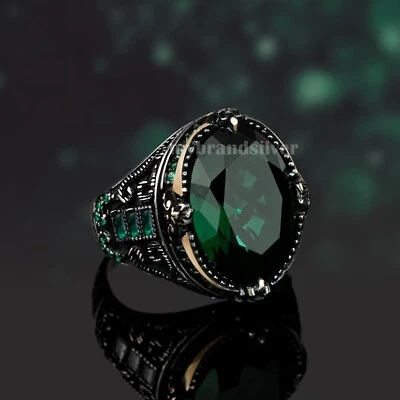 Anillo de circón verde sólido 925 para hombre joyas de plata de ley todas las tallas Foto 1 de 4