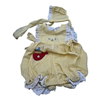 Vintage Nannette  Bubble Playsuit Sun Suit w Bonnet Yellow Gingham Eyelet 1983 - Image 1 of 4