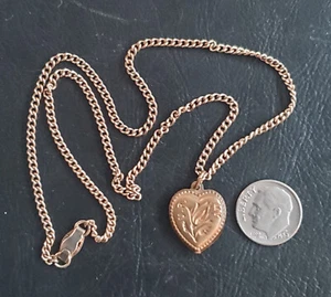 Vintage Raw Brass Victorian "U R My Rose" Puffy Heart Charm Necklace - Picture 1 of 2